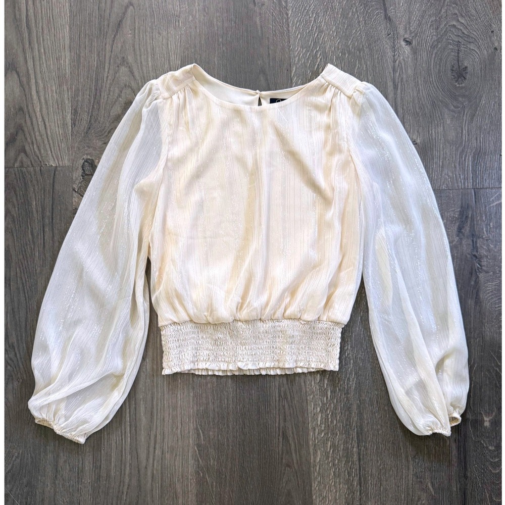 Japna Smocked Waist Blouse Size S Cream Metallic Stripe Balloon Sleeve NWOT
